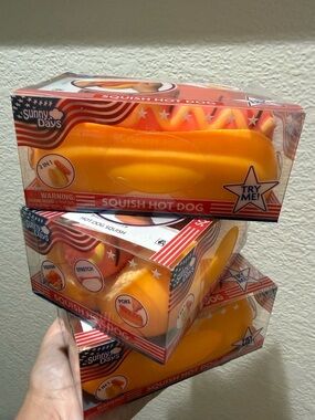Bundle of 3 Hot Dog Squishy Toy from Sunny Days. 2-in-1 Fidget Bun. 4th of July